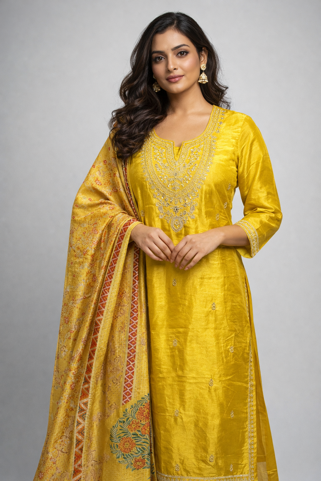 Embroidered Yellow Tissue Silk Kurti